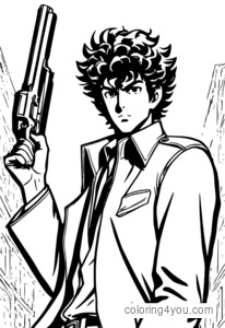 Spike Spiegel duke nxjerrë armën e tij ikonë nga Cowboy Bebop.