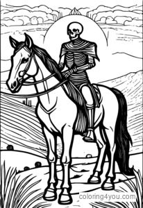 La carta del tarot de la Muerte con un caballo negro y un esqueleto sobre un fondo desértico