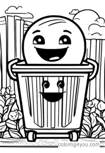 Ilustração colorida de uma lixeira com um rosto sorridente, cercada por crianças reciclando papel.