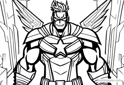 Página para colorear de All Might con traje de héroe del símbolo de la paz