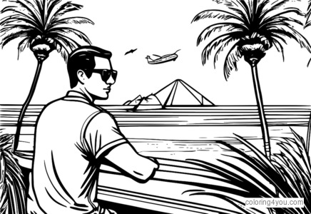 Coloriage d'un croupier de blackjack en vacances à la plage entouré de palmiers