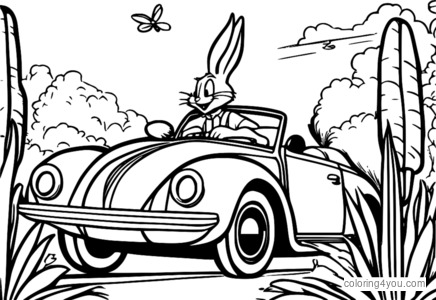 Colorear Bugs Bunny conduciendo un coche con forma de zanahoria