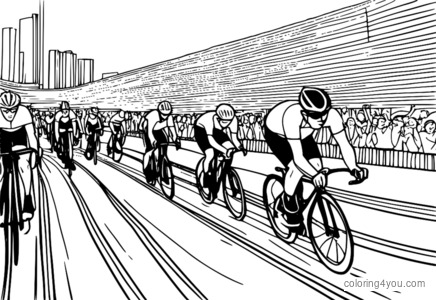 Cyclists racing around a circular track with a cheering crowd