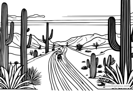 Cyclists racing across the hot desert sand with cacti all around