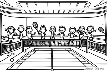 Nhóm người chơi tennis giao bóng, minh họa đầy màu sắc, nụ cười rạng rỡ.