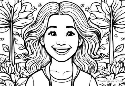 Coloring page of Joy from Inside Out, smiling and sparking happiness.