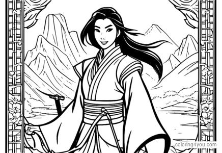 Coloriages de Mulan dans sa tenue de guerrière et son épée