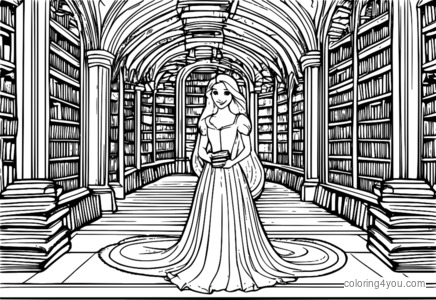 Rapunzel in library coloring page, Disney, kids, reading