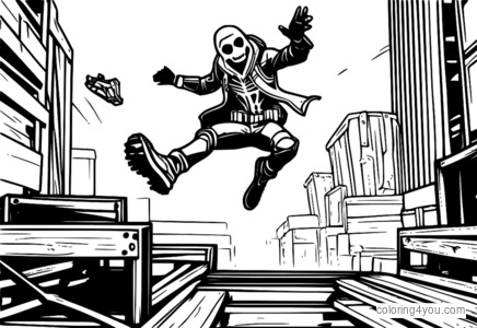 Coloring page of Skull Trooper jumping over crates in Fortnite