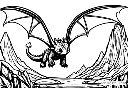 Toothless in flight surrounded by flames and clouds