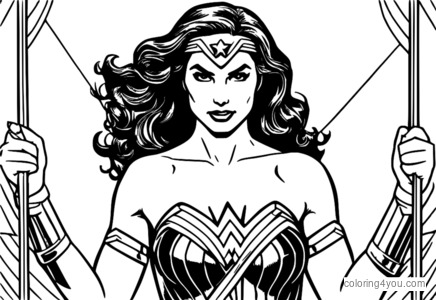 Retro coloring page ng Wonder Woman na hawak ang kanyang Lasso of Truth, na may klasiko at nostalhik na disenyo.