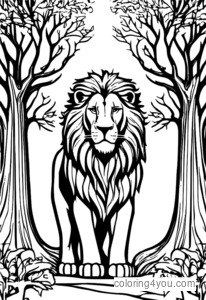 Desenhos para colorir de Aslan, um leão majestoso, sob uma bela árvore em Nárnia