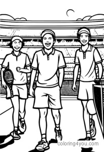 Kumpulan pemain tenis menghidangkan bola, ilustrasi berwarna-warni, senyuman lebar.