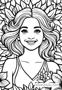 Coloring page of Joy from Inside Out, smiling and sparking happiness.