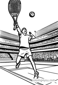 Người chơi tennis giao bóng, minh họa đầy màu sắc, nền với đám đông.