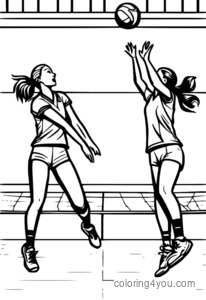 Dos jugadoras de voleibol en un partido de alta intensidad, atacadas y bloqueadas, ilustraciones