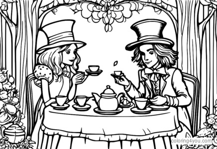 Alice dan Mad Hatter duduk di majlis minum teh