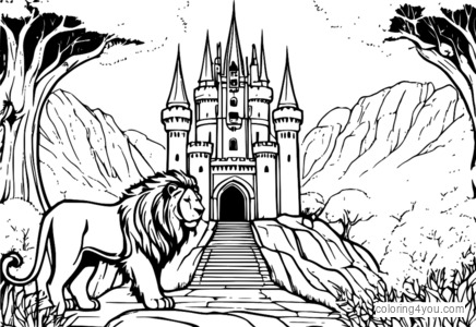 Dibujos para colorear de Aslan, símbolo del bien contra el mal en Narnia, con el castillo de la Bruja Blanca al fondo