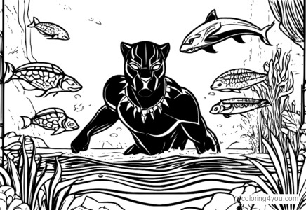 Black Panther swimming underwater, surrounded by sea creatures