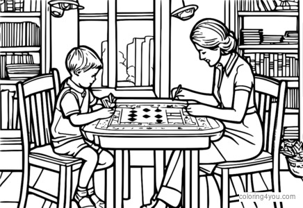 Child learning rummy coloring page