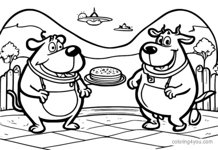 Courage le duo Cowardly Dog, Cow and Cheese dansant et chantant ensemble sur scène.