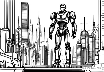 Coloring page of Cyborg with cityscape