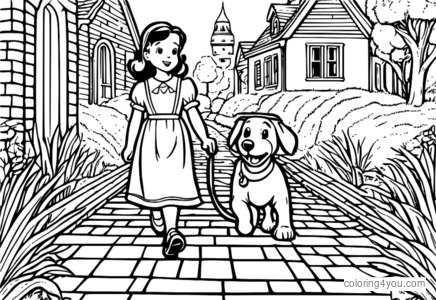 Dorothy und Toto gehen die Yellow Brick Road entlang.