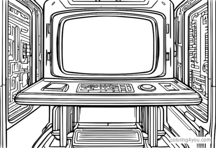 komputer futuristik dengan kod berwarna-warni pada skrin