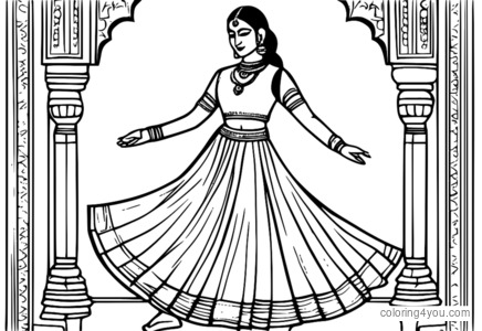 Et billede af en Kathak-danser i traditionel påklædning, der udfører et dansetrin.