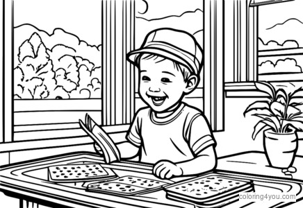 Kid playing rummy coloring page