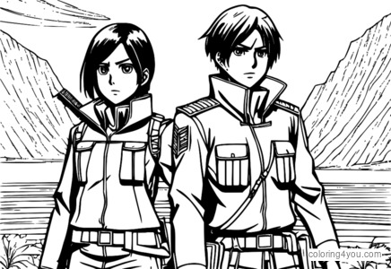 Mikasa en Eren op een missie in het onderzoekskorps