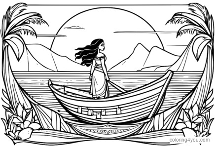 Moana coloring, Disney coloring page, boat coloring, ocean coloring for kids.