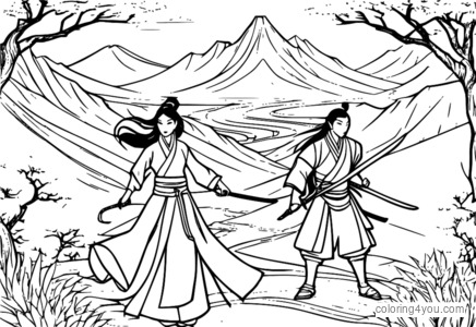 Coloriages de Mulan et de ses camarades travaillant ensemble