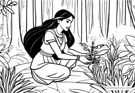 Pocahontas மற்றும் Meeko ஒரு மரத்தின் வண்ணப் பக்கங்களை நடும்