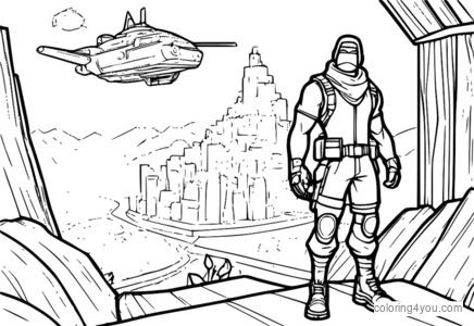 Coloring page of The Visitor standing in front of map in Fortnite