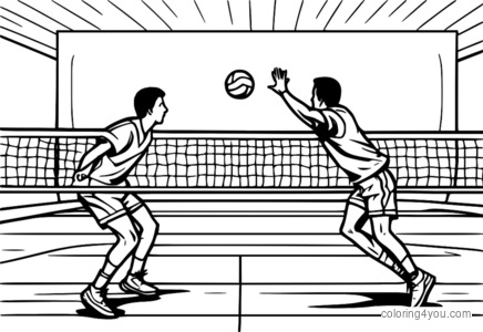 Dalawang lalaking manlalaro ng volleyball na nagpapasa ng bola, nagtutulungan, mga ilustrasyon