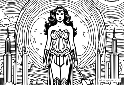 Wonder Woman with Lasso Coloring Page in Space