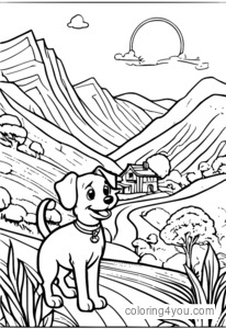 Betty Boop and Pudgy the pup walking in a picturesque hilly landscape