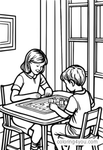 Child learning rummy coloring page