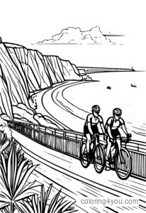 Cyclists racing on a coastal road with the ocean and cliffs all around