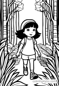 Dora the Explorer di dalam hutan, melihat ke atas pokok