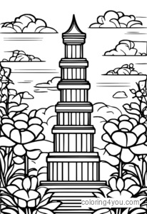 Coloring page of Jenga tower with blocks of different shapes and sizes