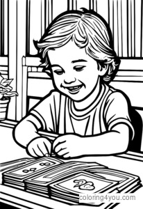 Kid playing rummy coloring page