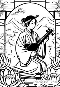 Kubo holding his traditional Japanese shamisen music instrument surrounded by flowers and kimonos