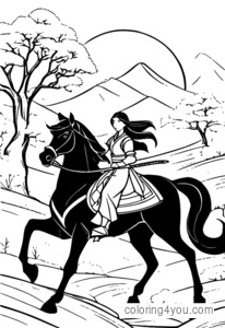 Disegni da colorare di Mulan a cavallo con la sua armatura da guerriera