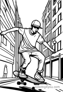 A skateboarder performing a trick in a street art style.