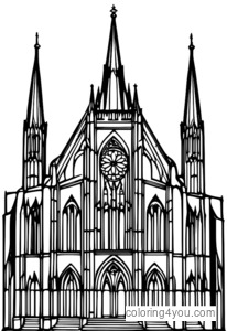 Coloriage : vitraux de la cathédrale médiévale à l'architecture complexe