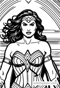 Simple coloring page of Wonder Woman holding her Lasso of Truth and standing in front of a fun and playful background.