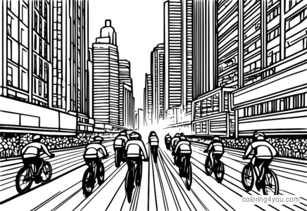 Cyclists racing through a busy city with skyscrapers all around