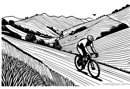 Cyclists racing up a steep hill with rolling hills around